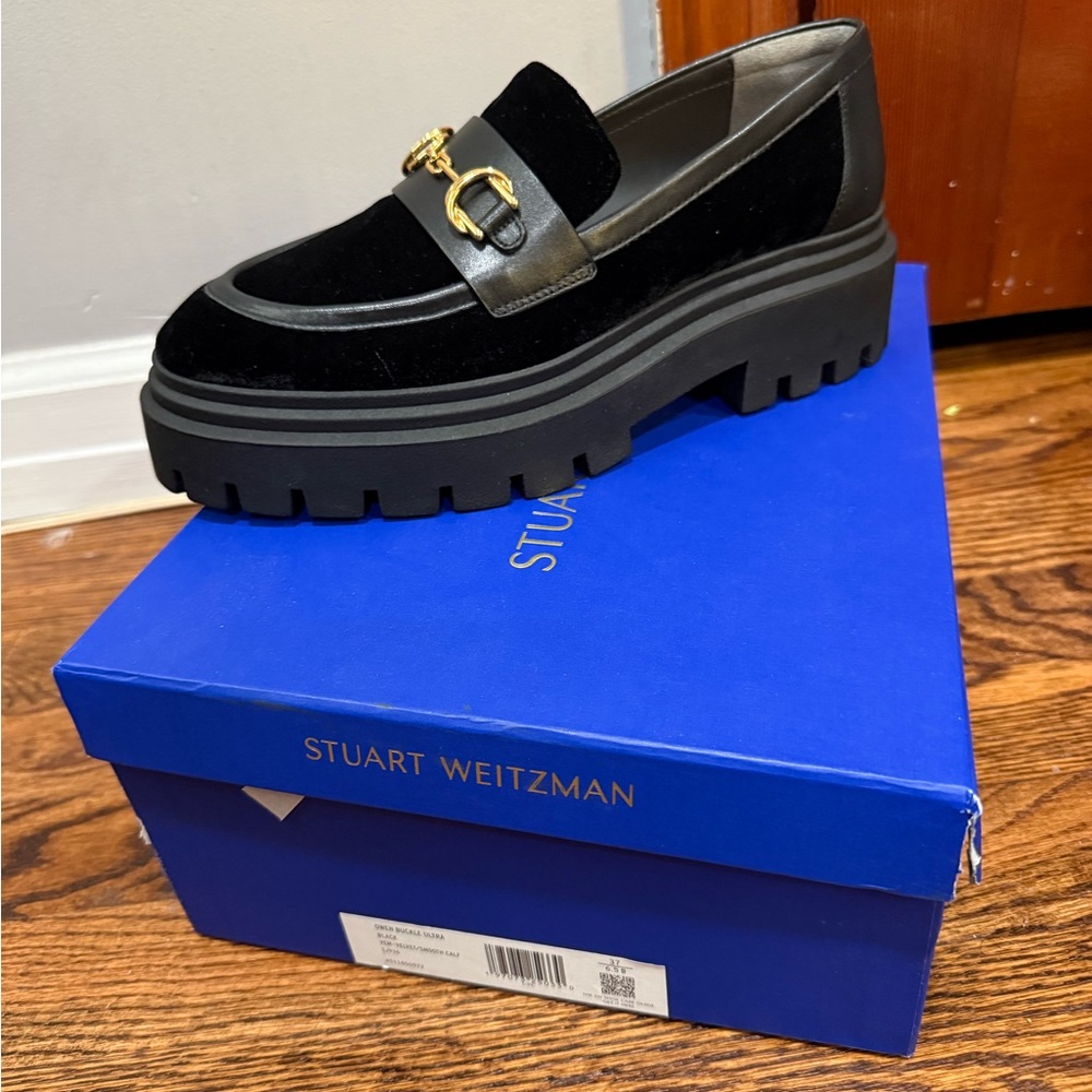 Stuart Weitzman Black Chunky Loafers with Gold Accent